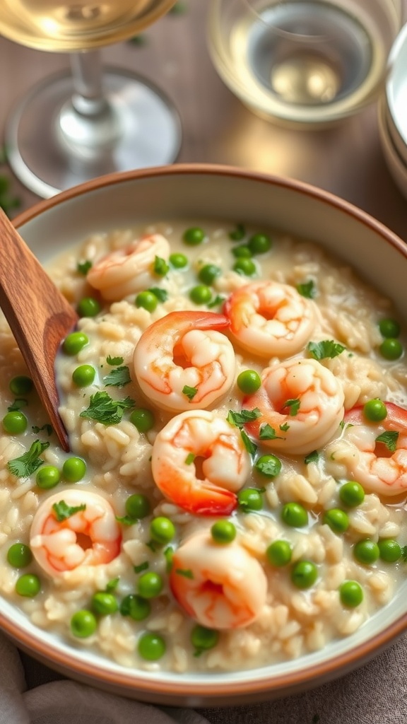 A creamy shrimp and pea risotto in a bowl, garnished with parsley, on a rustic dining table.